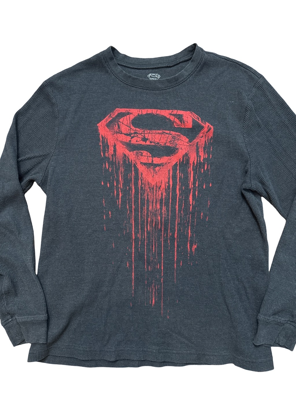 Superman Y2K Black Waffle Knit Thermal Men’s Size Large 42-44 Red Logo Superman